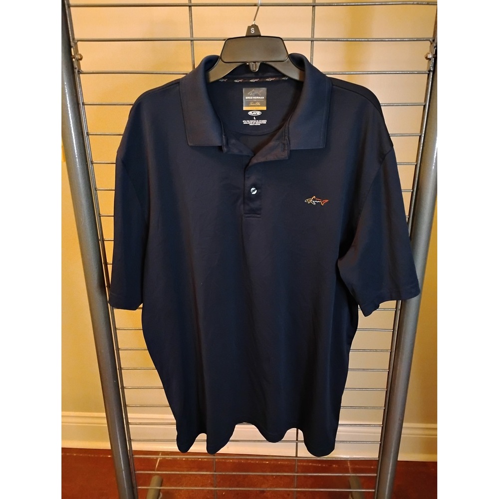 Greg‎ Norman Tasso Elba Navy Blue PlayDry Golf Polo Shirt Mens Large Shark Logo
